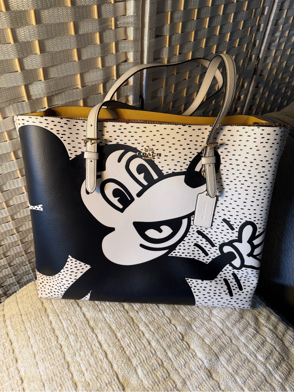 Coach Black & White Mickey Mouse Graphic Tote with Yellow Interior